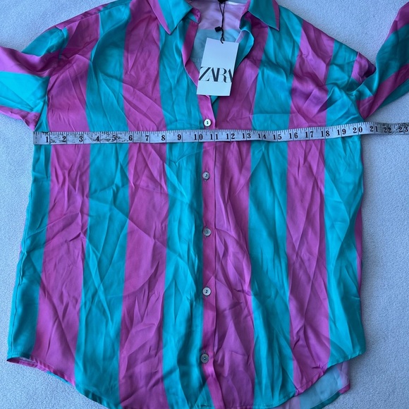 NWT Zara Satin Striped Boyfriend Shirt XS Pink Green - Picture 9 of 12